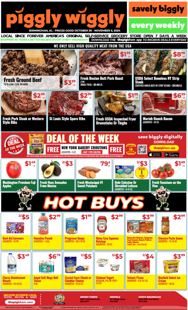 Piggly Wiggly weekly ad for Birmingham, AL, displaying discounted prices on fresh meat, produce, and grocery items from October 30 to November 5, 2024.